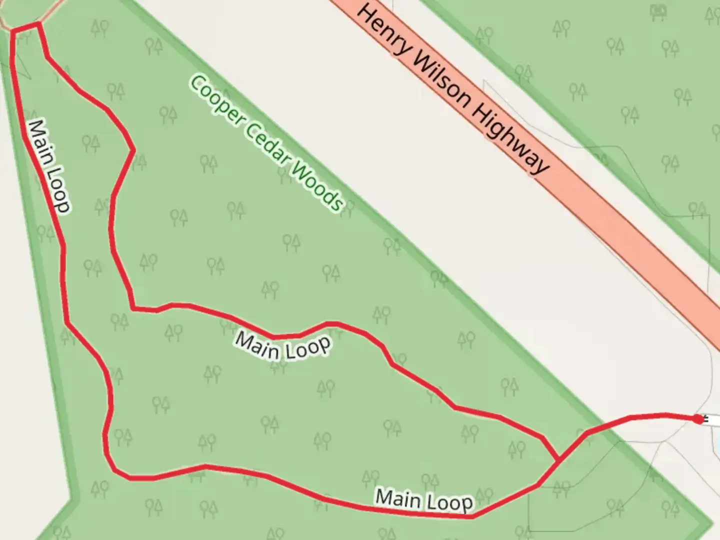 An image depicting the trail Cooper Cedar Woods Main Loop Trail and its surrounding area.