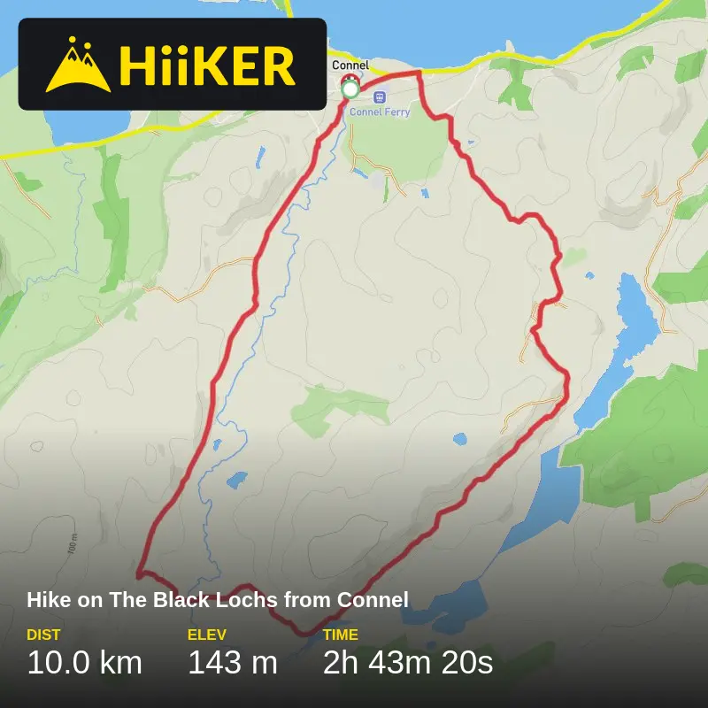 A map preview of the recording Hike on The Black Lochs from Connel.