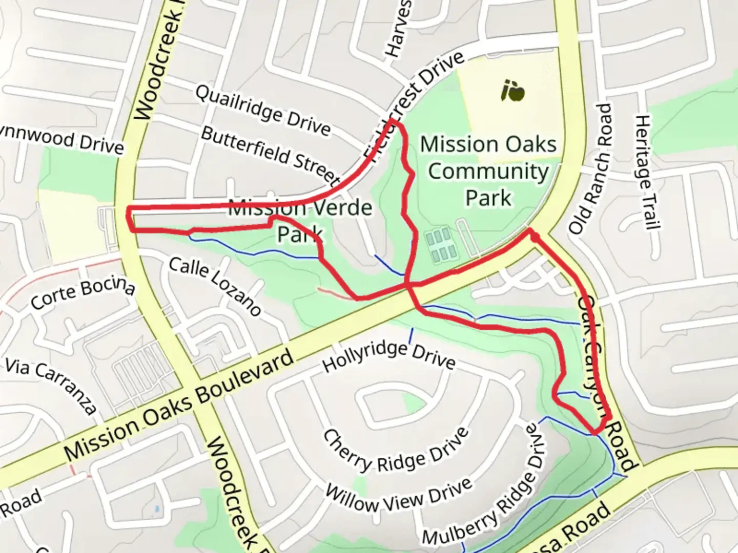 An image depicting the trail Mission Verde Park Loop and its surrounding area.