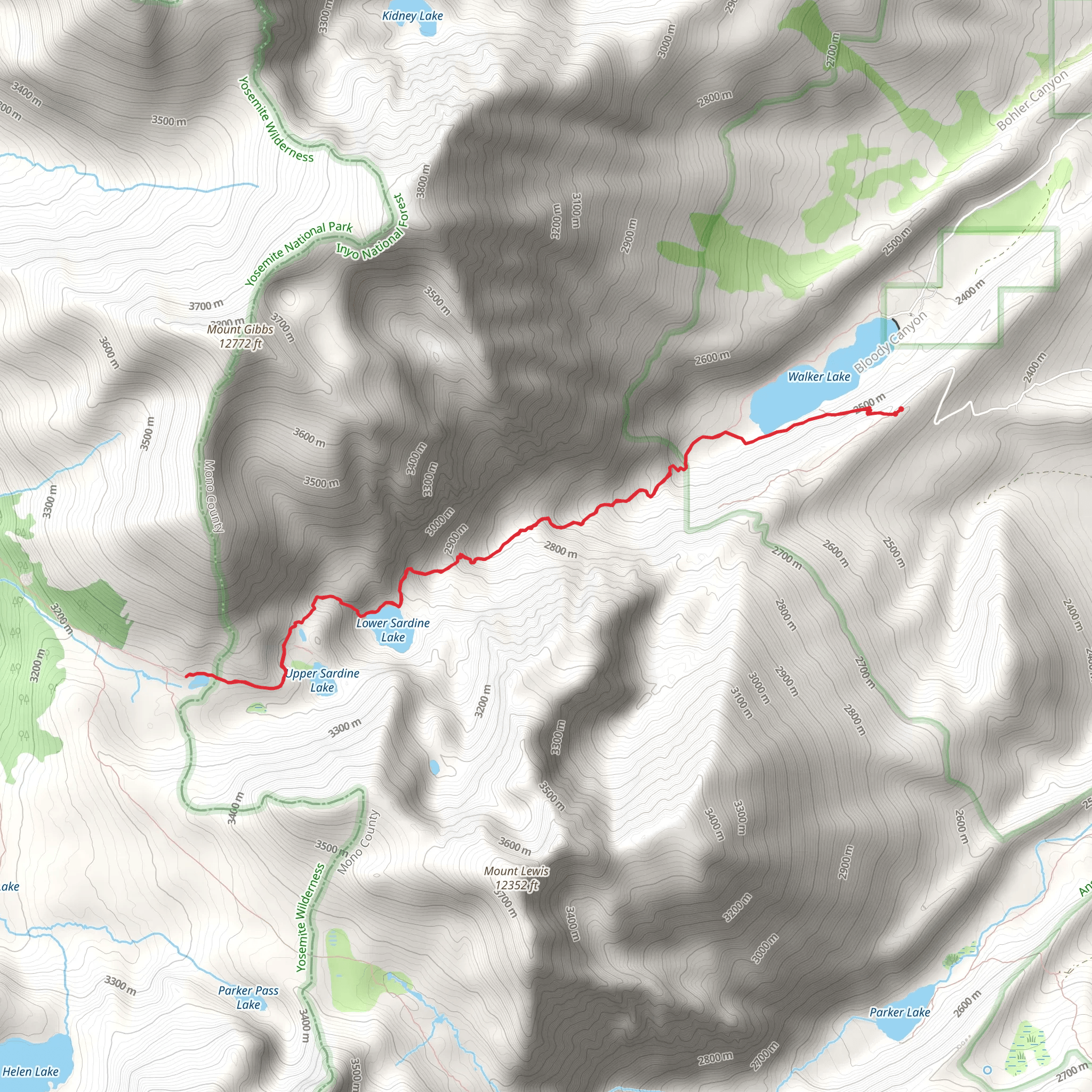 Walker Lake, Sardine Lakes and Summit Lake via Bloody Canyon Trail mobile static map