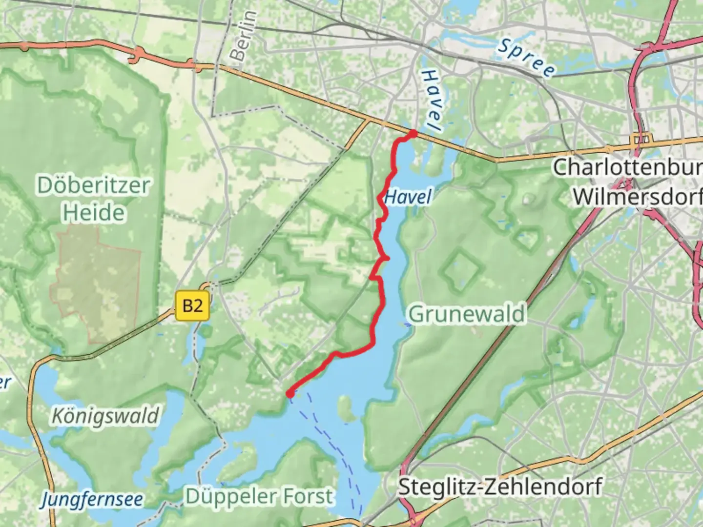 An image depicting the trail Wilhelmstadt to Alt Kladow via Dr Kleusberg Promenade and its surrounding area.