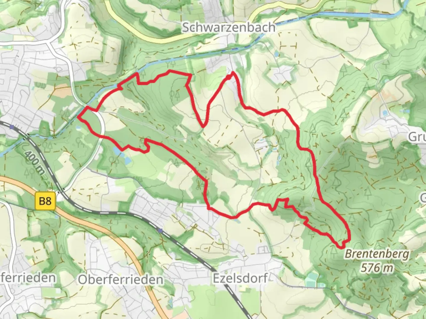 An image depicting the trail Burgthann and Eppeleinsweg and its surrounding area.