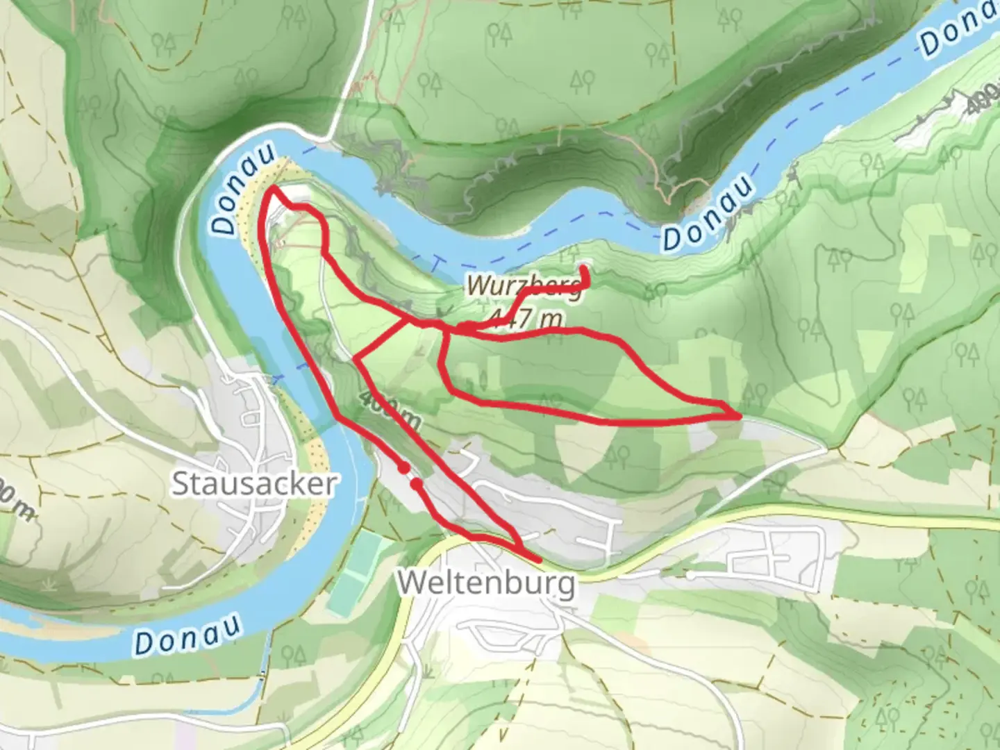 An image depicting the trail Wurzberg and Donau via Wanderwoute via Nova and its surrounding area.