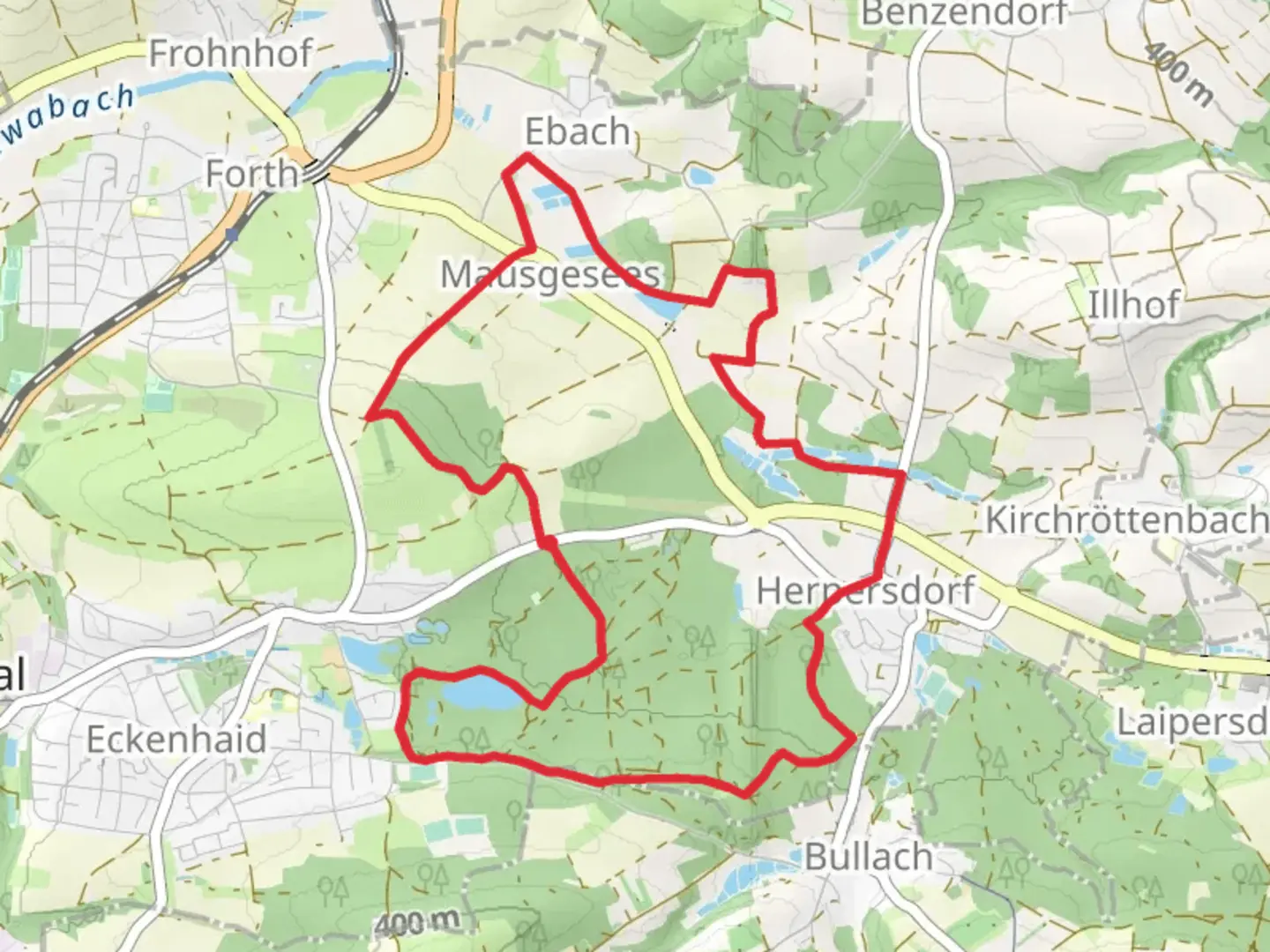 An image depicting the trail Hormesweiher via Lillinghof and Rundweg um Forth and its surrounding area.