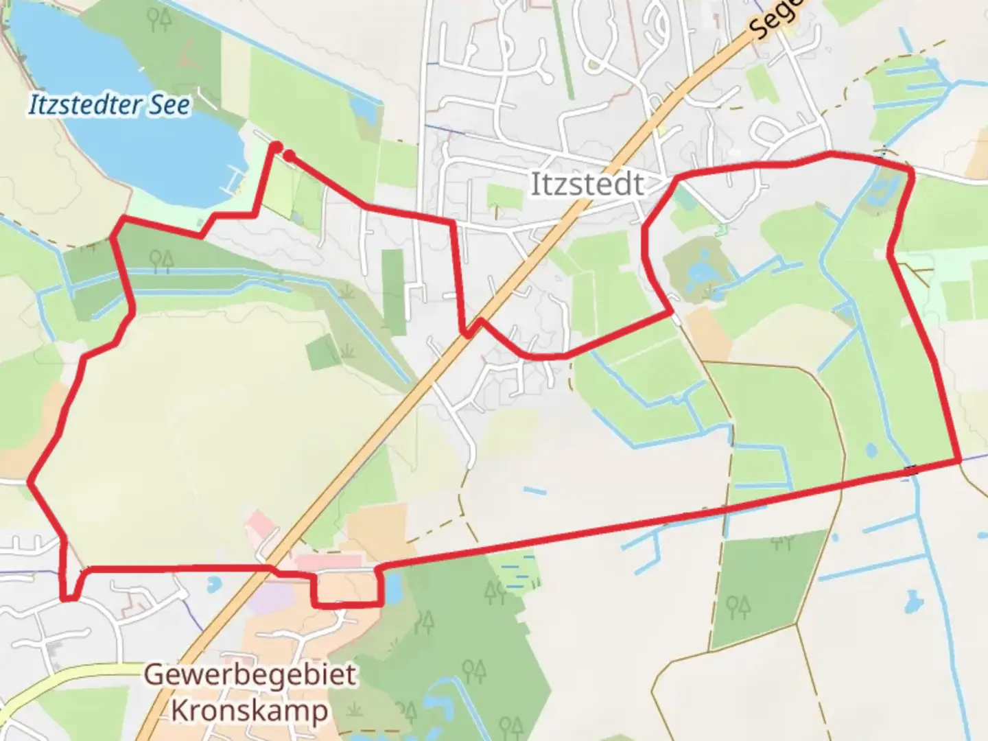 An image depicting the trail Rundweg durch die Gemeinde Itztedt and Von Nahe zum Nienwohlder Moor and its surrounding area.