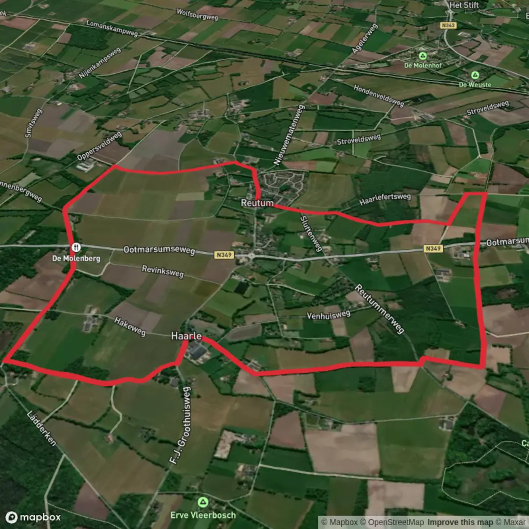 An image depicting the trail Reutumerweuste Loop via Hanstie Weg and Vroonk Weg and its surrounding area.