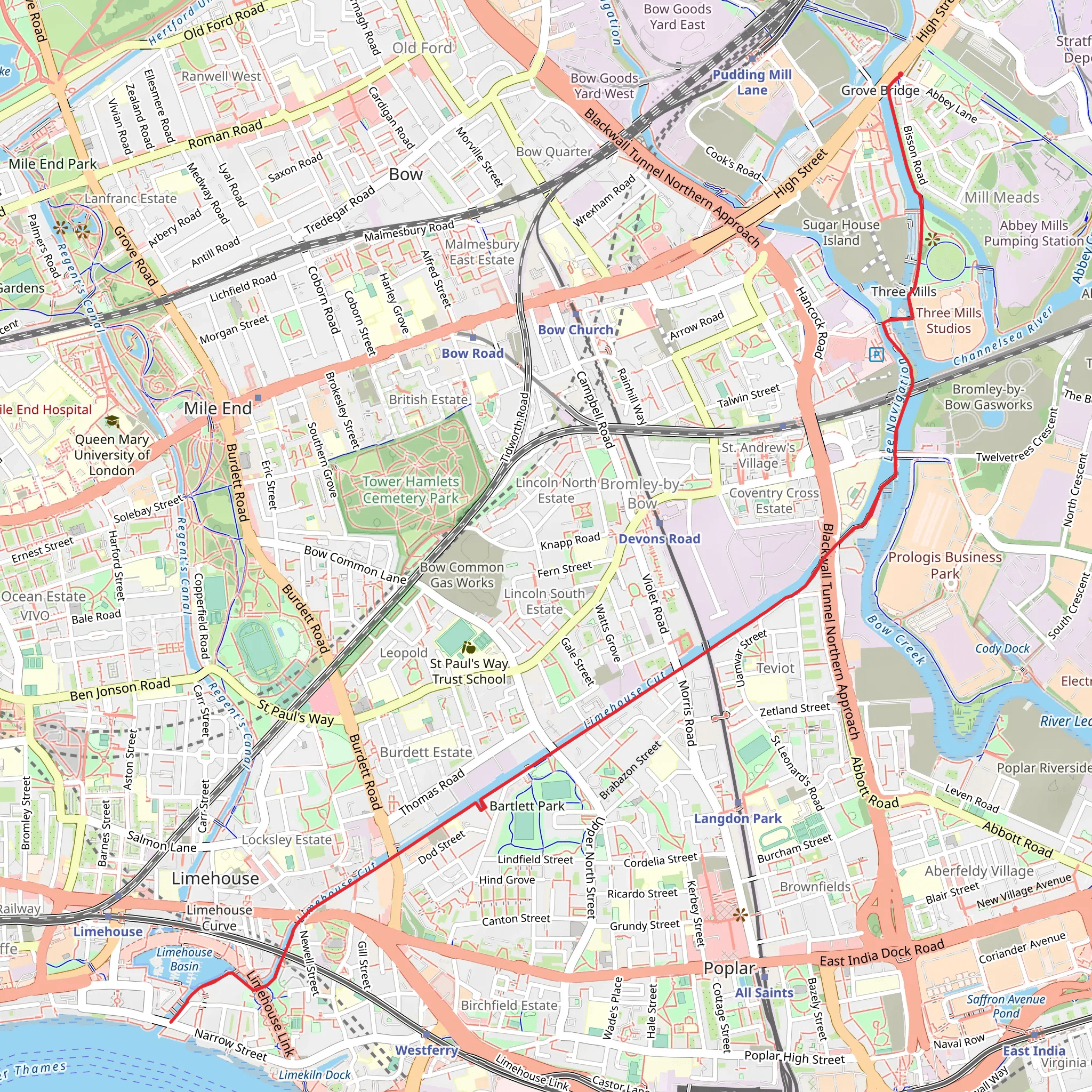 Three Mills Wall River Path and Limehouse Cut mobile static map