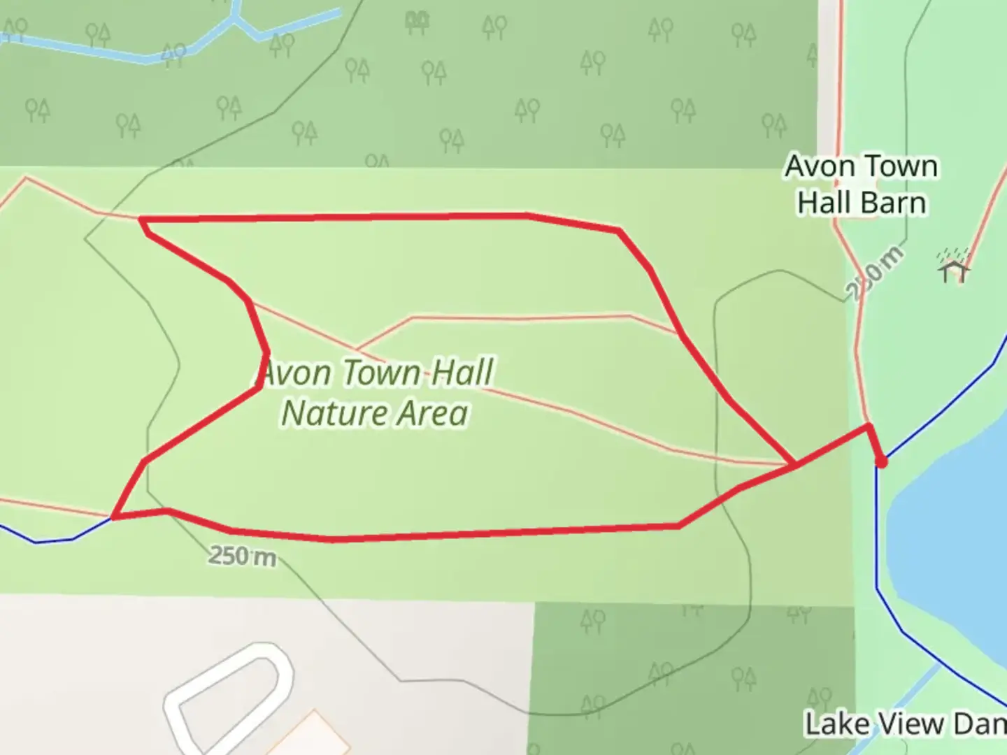 An image depicting the trail Avon Town Hall Park Loop and its surrounding area.