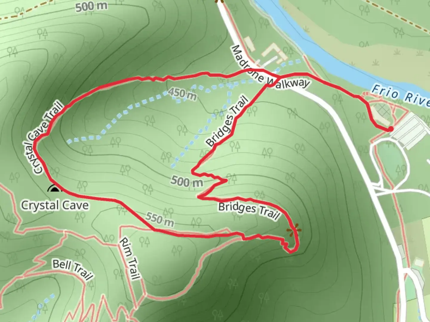 An image depicting the trail Bridges and Crystal Cave Loop Trail and its surrounding area.