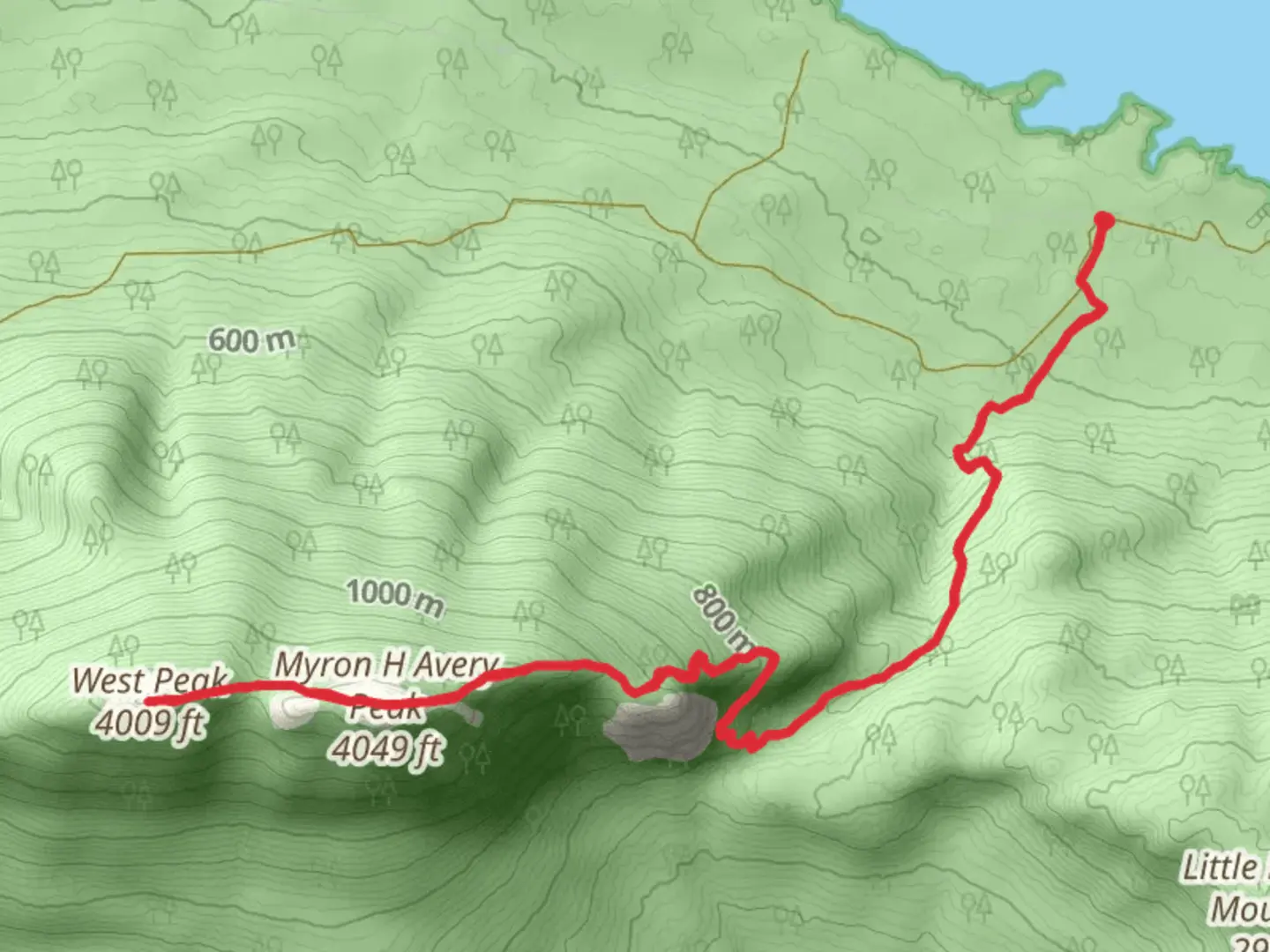 An image depicting the trail West Peak - Myron H Avery Peak from East Flagstaff Road and its surrounding area.