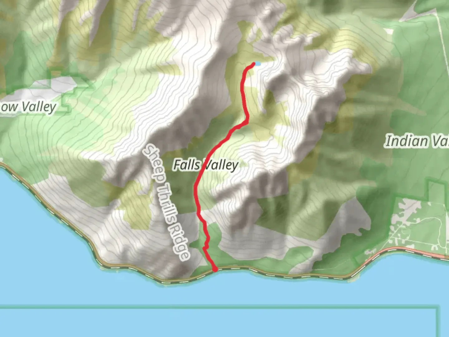 An image depicting the trail Falls Lake via Falls Creek Trail and its surrounding area.