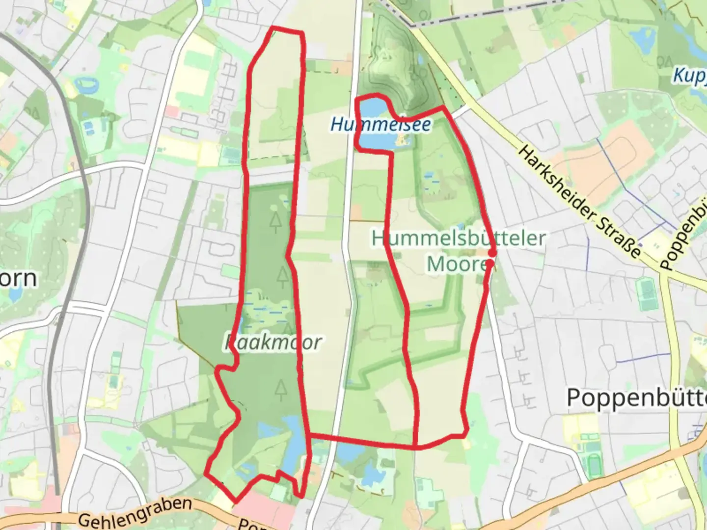 An image depicting the trail Raakmoorgraben and Hummelsee via Wildes Moor and Rehagen and its surrounding area.