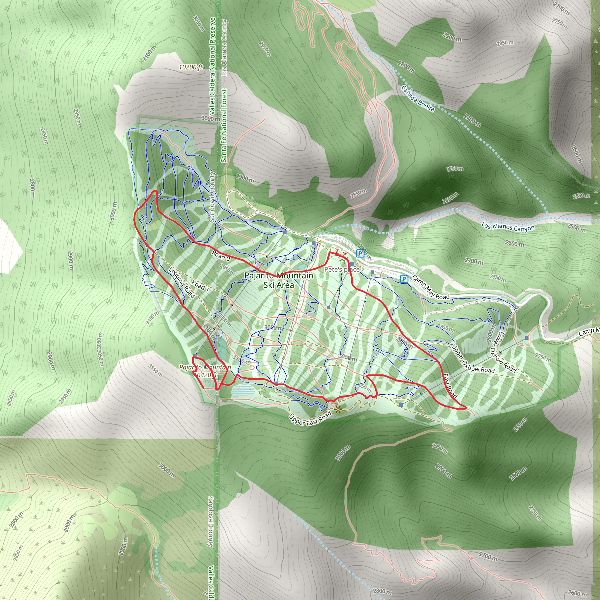 Pajarito Mountain via EAst Road and Aspen For Trouble Loop mobile static map