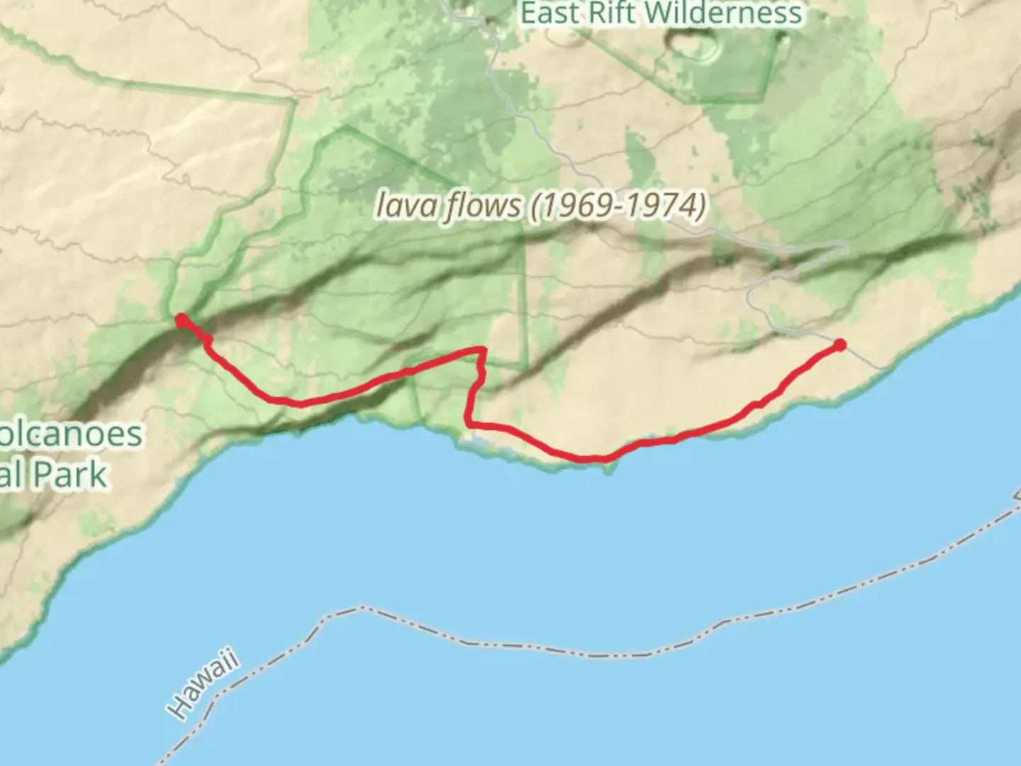 An image depicting the trail Puna Coast Trail and Hilina Pali Trail and its surrounding area.