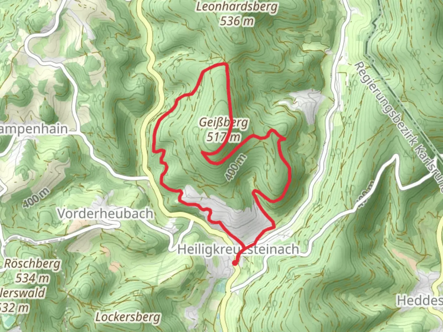 An image depicting the trail Geissberg and Hohenoeder Hoehe and its surrounding area.