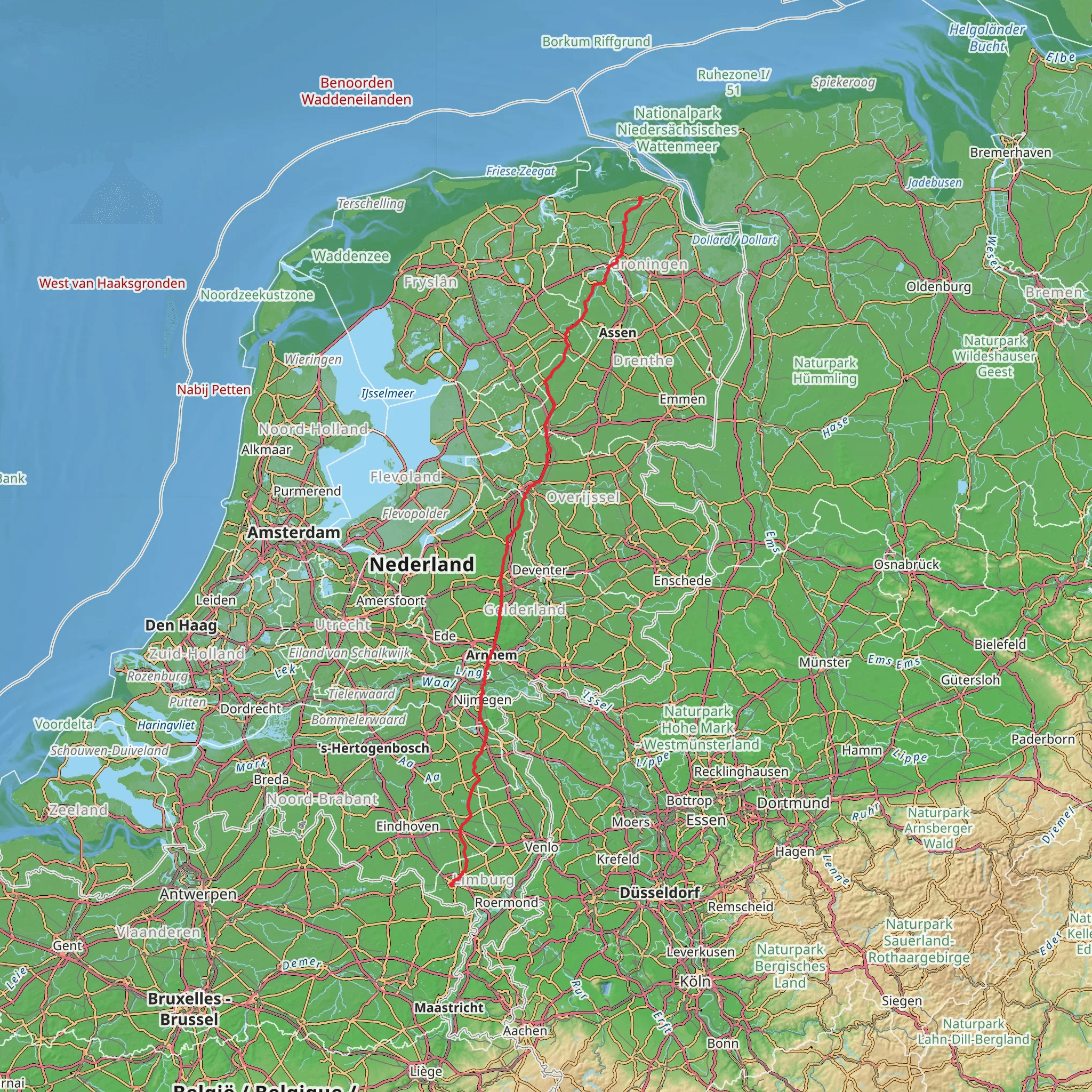 Weert to Uithuizen via Helmondseweg, Letlesingel, Milhezerweg, Apeldoornseweg and Trekweg mobile static map