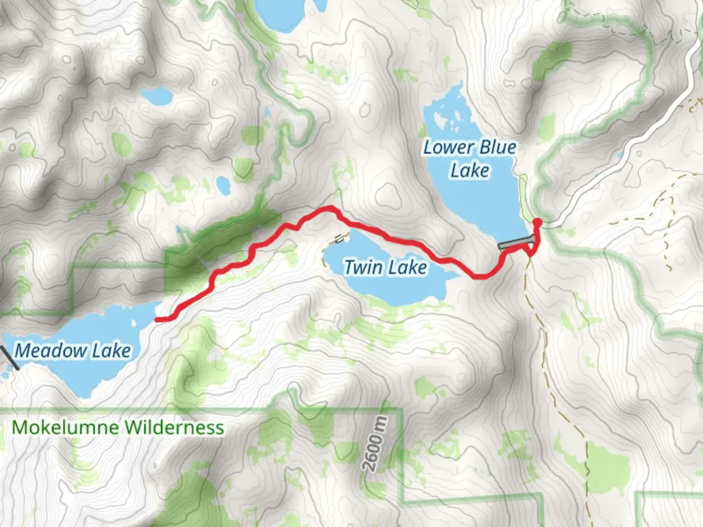 An image depicting the trail Lower Blue Lake, Twin Lake and Meadow Lake and its surrounding area.