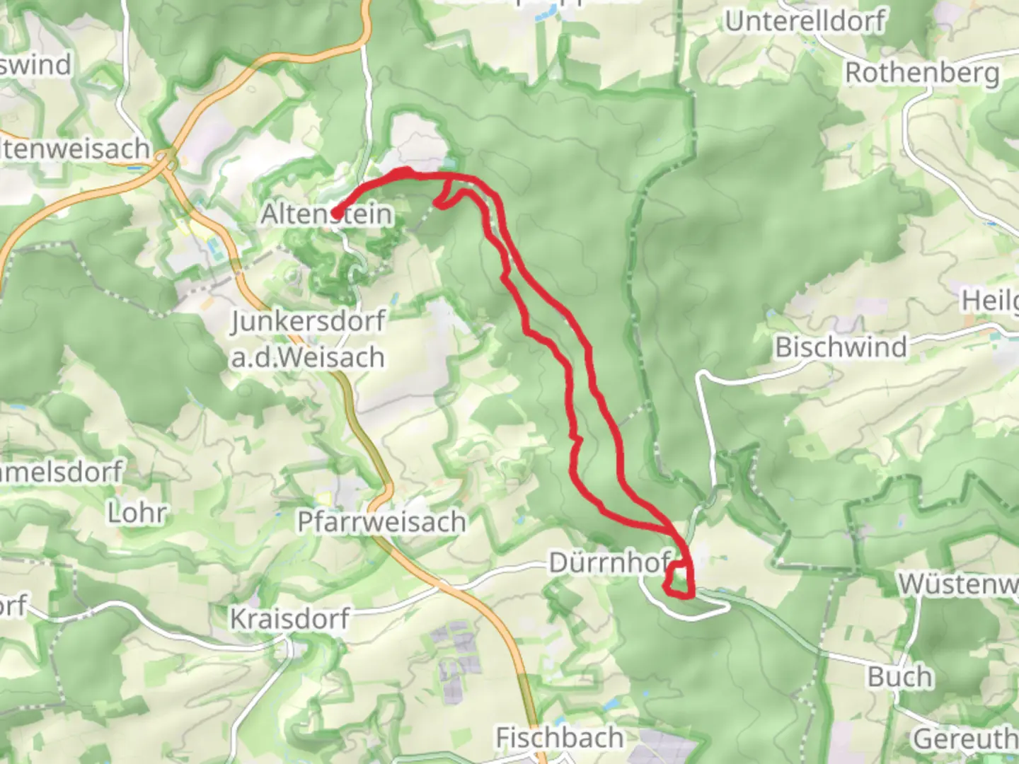 An image depicting the trail Geisssteinweg and Lauftour PFW1 and its surrounding area.