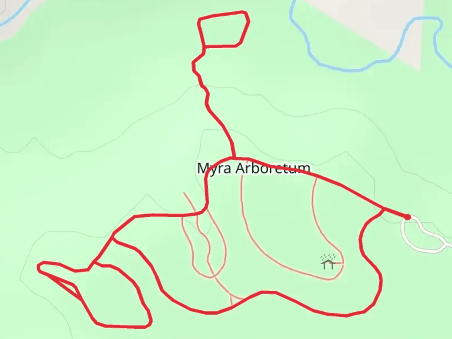 An image depicting the trail Myra Arboretum Loop and its surrounding area.