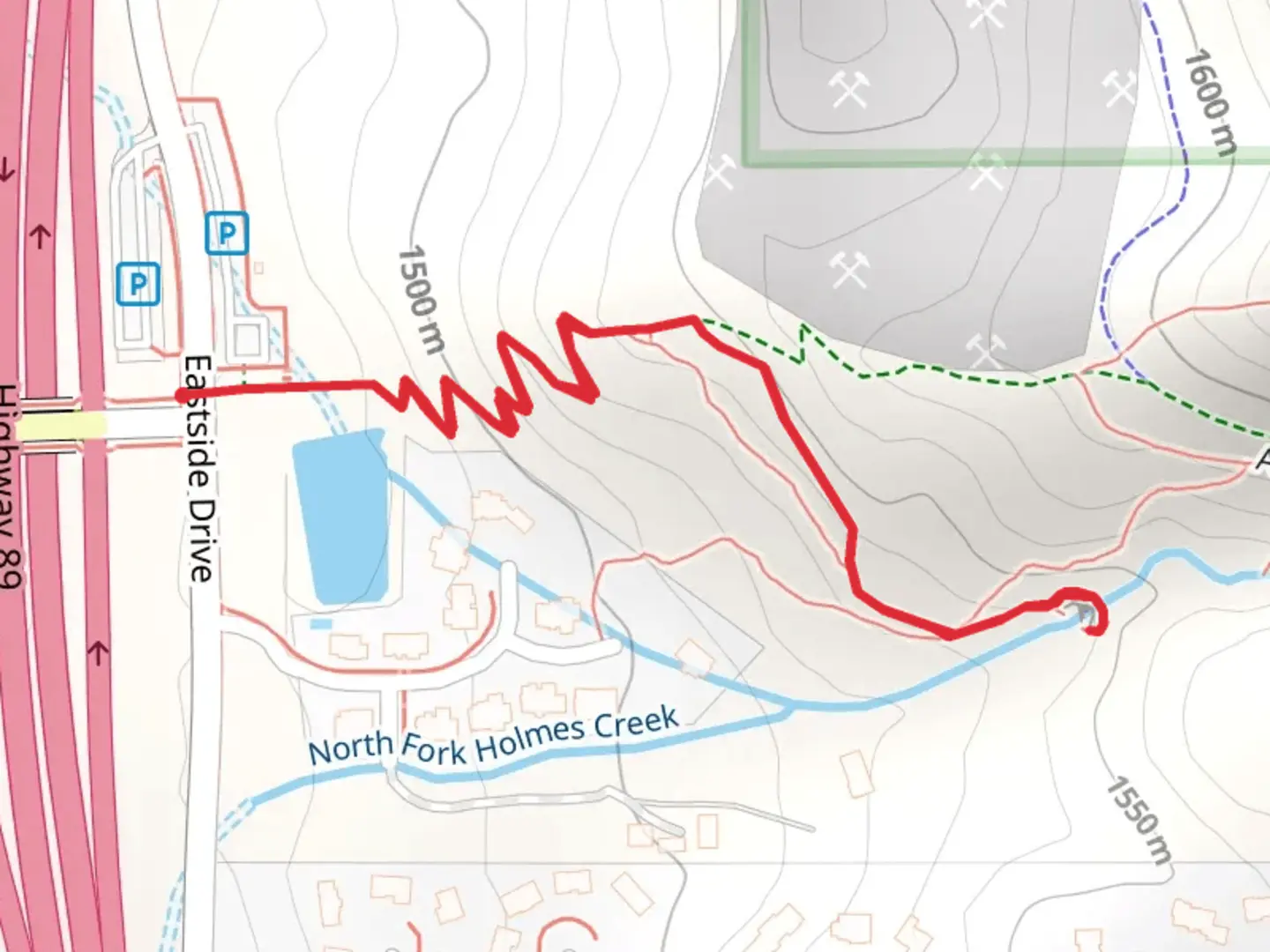 An image depicting the trail Adams Canyon Trail and Adams Canyon Lower Falls and its surrounding area.