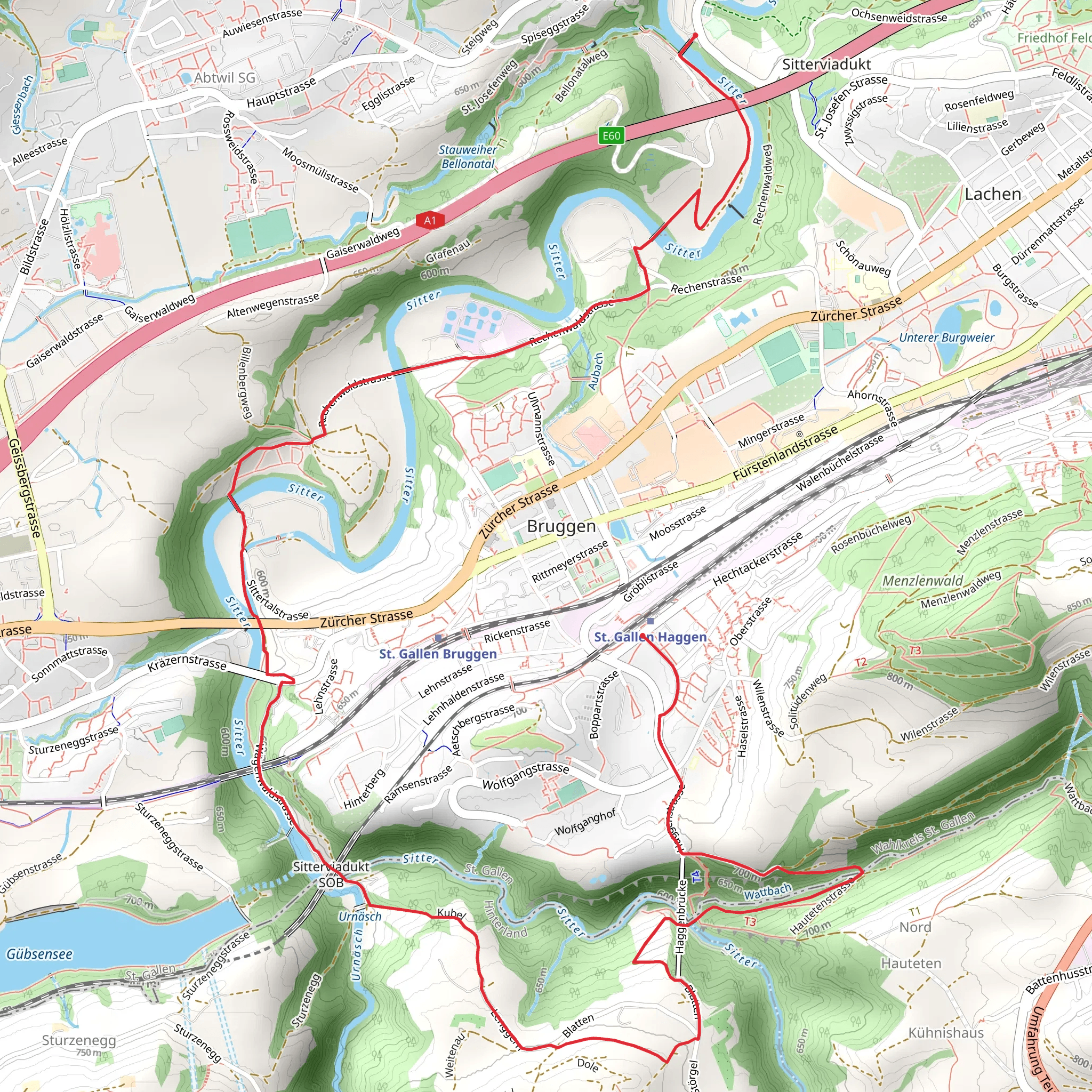 Haggen to Spisegg via St Gallen Bridge Path mobile static map