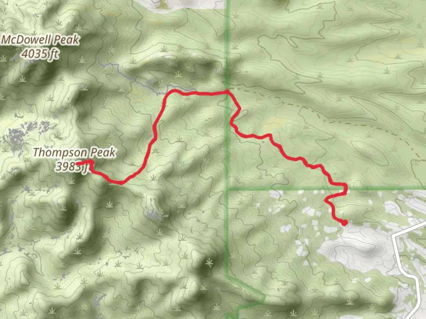 An image depicting the trail Thompson Peak via Dixie Mine Trail and its surrounding area.