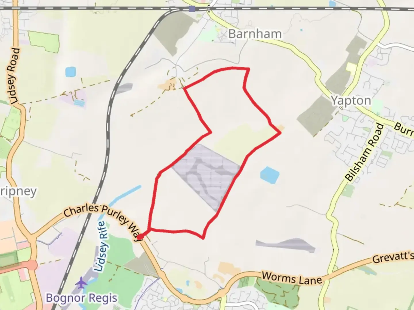 An image depicting the trail Lidsey Rife and Yapton Country Park Loop and its surrounding area.