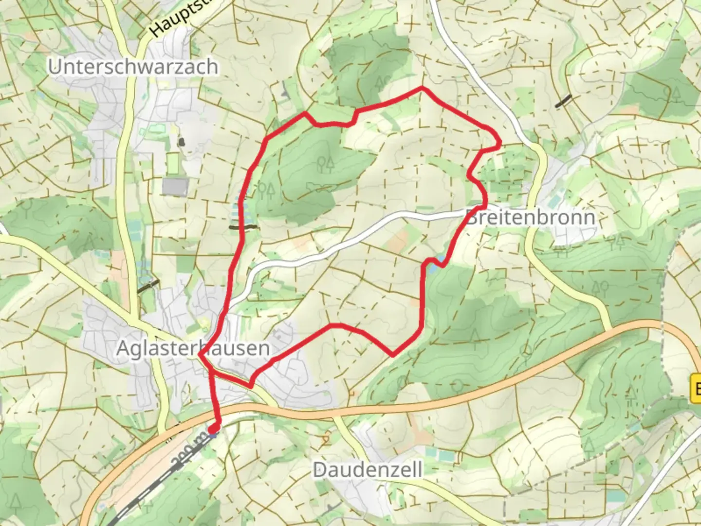 An image depicting the trail Aglasterhausener Seen via Rittersbachweg and its surrounding area.