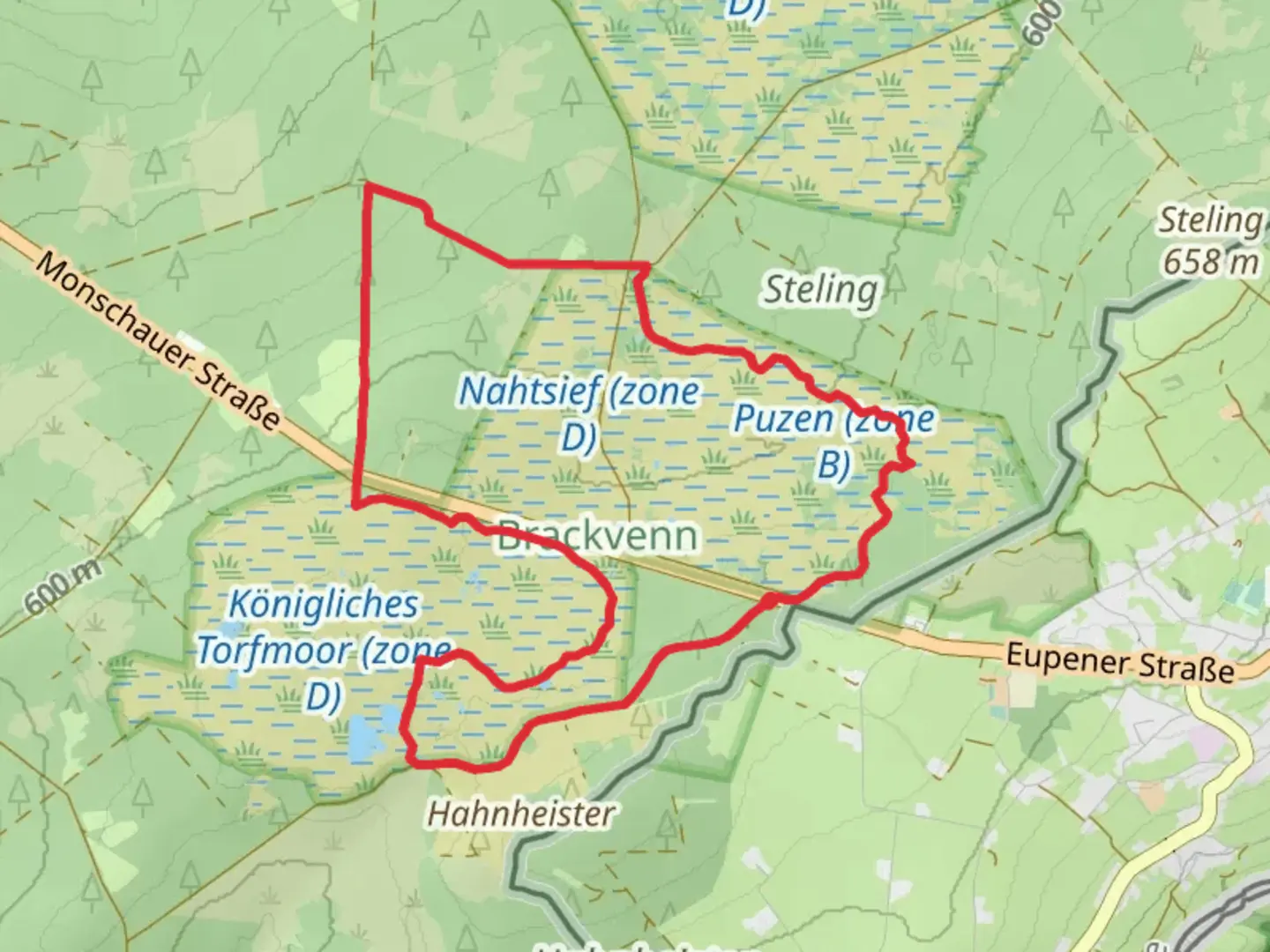 An image depicting the trail Eupener Graben via Herzogenhuegel - Brackvenn and its surrounding area.