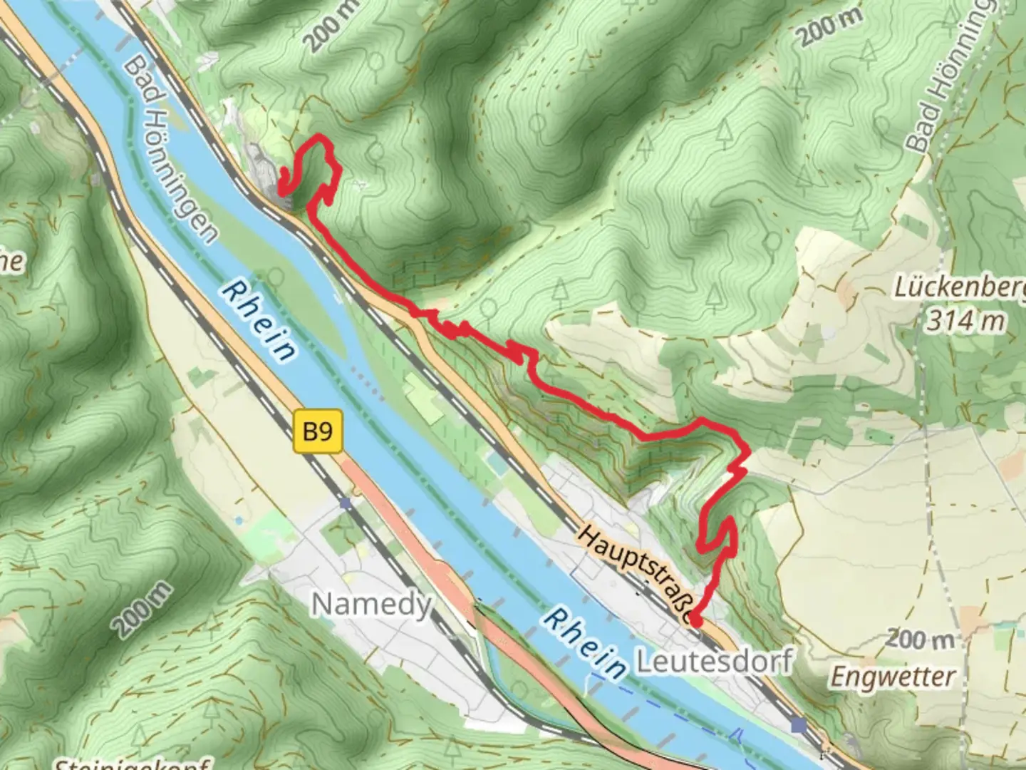 An image depicting the trail Burgruine Hammerstein via Olterberg Weg and its surrounding area.