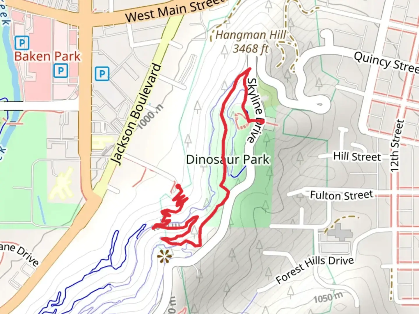 An image depicting the trail Skyline and West Dinosaur and its surrounding area.
