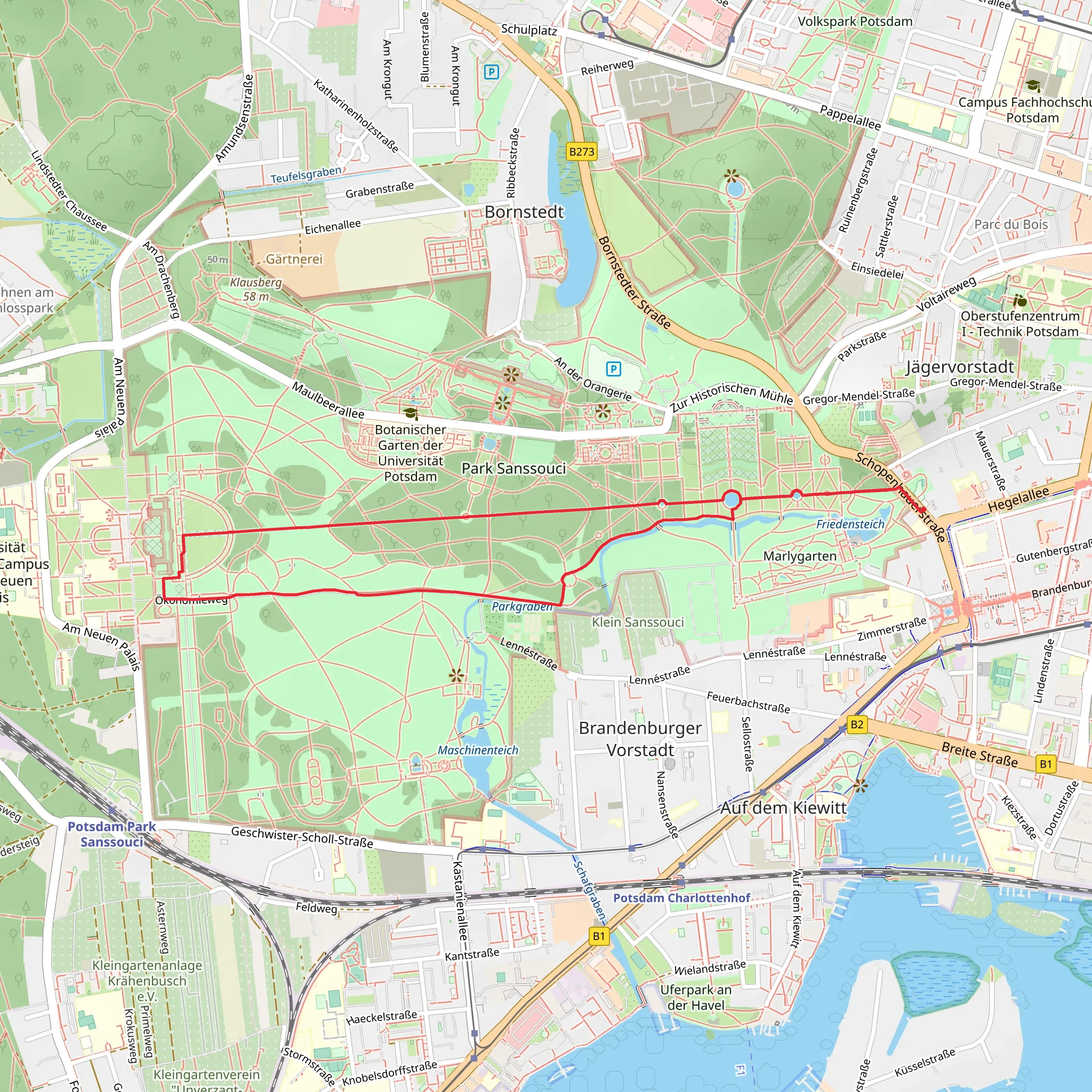 Schlosspark Sanssouci Short Loop via Große Fontäne and Hauptallee mobile static map
