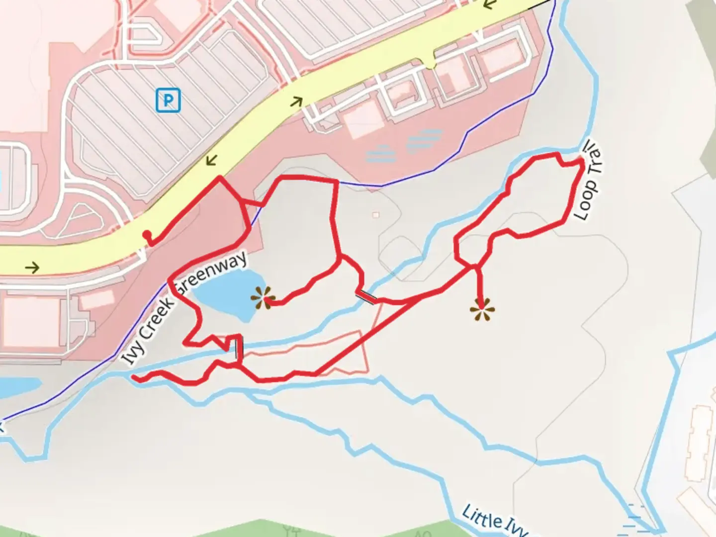 An image depicting the trail Ivy Creek and Bird Blind Loop Trail and its surrounding area.