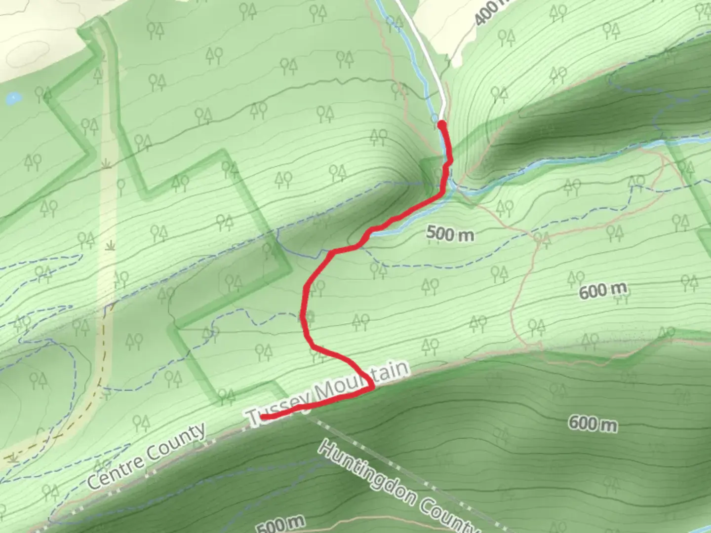 An image depicting the trail Blue-White Trail and Deer Path via Shingletown Gap and its surrounding area.