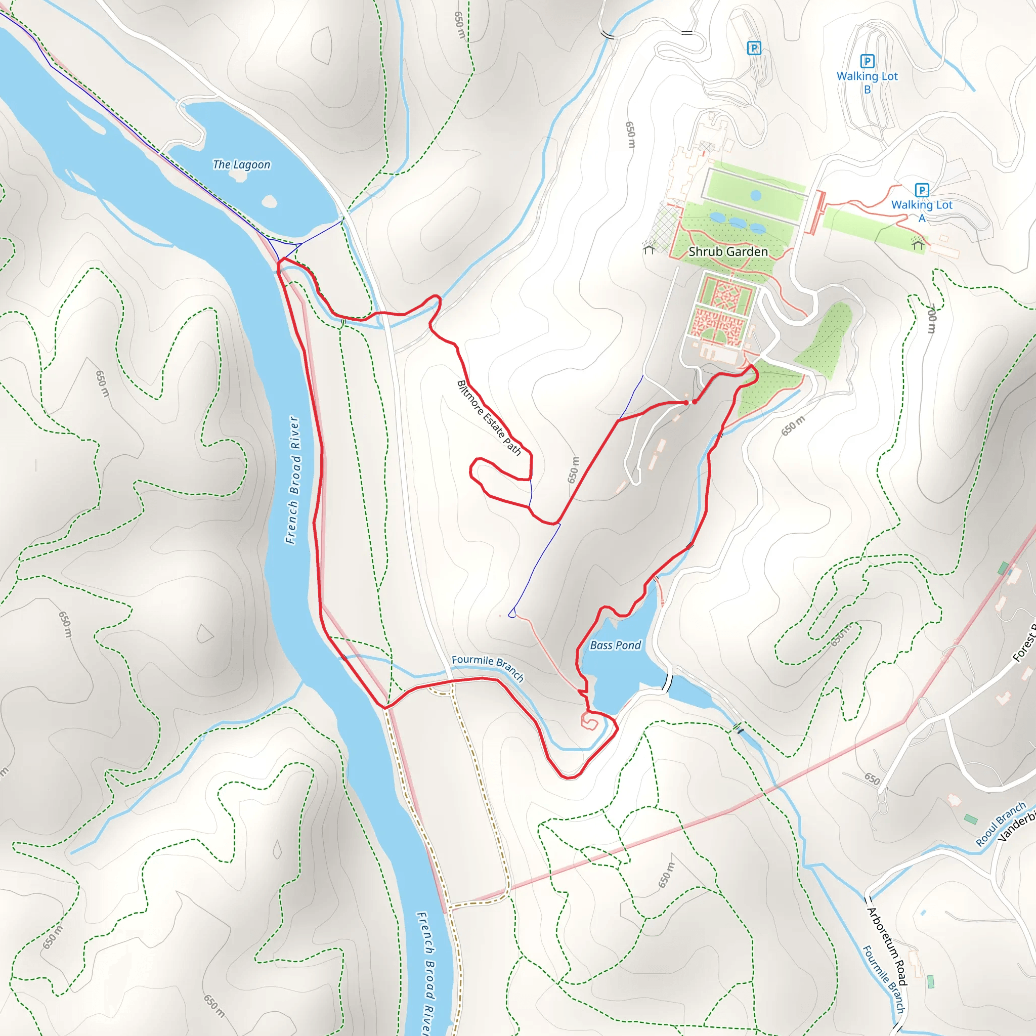 Biltmore Estate Path and Bass Pond Loop mobile static map