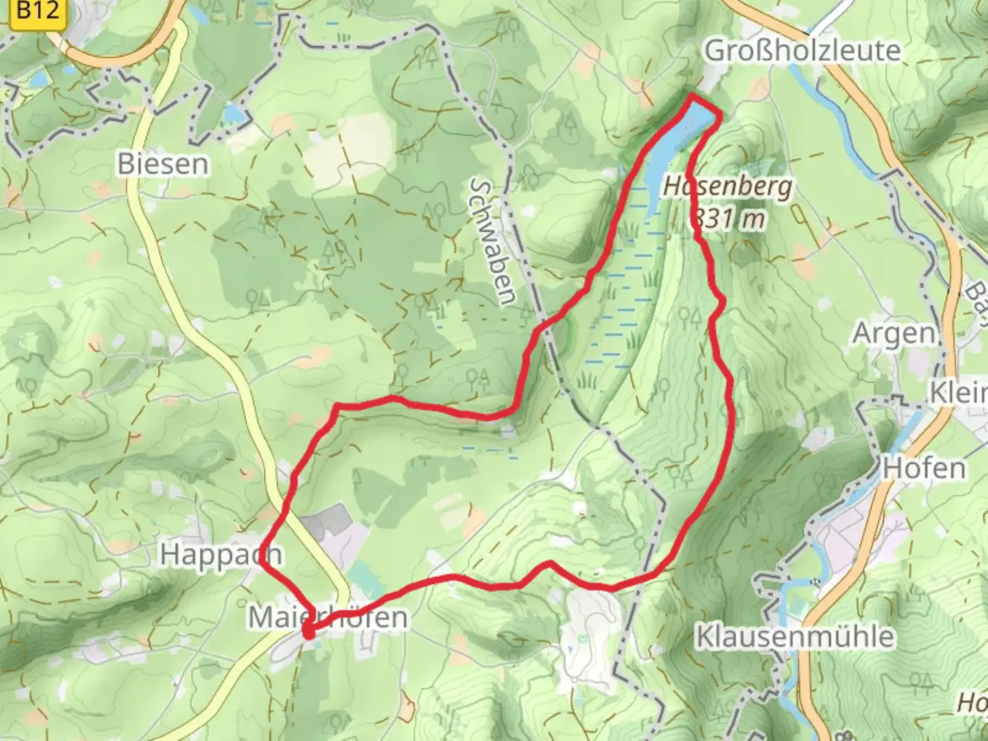 An image depicting the trail Hengelesweiher via Skulpturenweg Maierhoefen and Hengelesweiher Runde and its surrounding area.