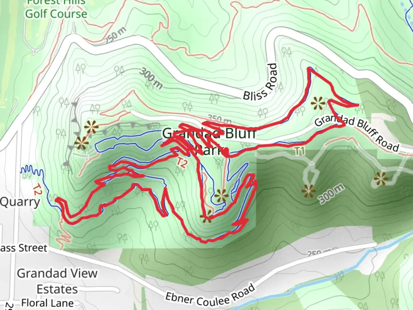 An image depicting the trail Compass South, Tramway and War Eagle Loop and its surrounding area.