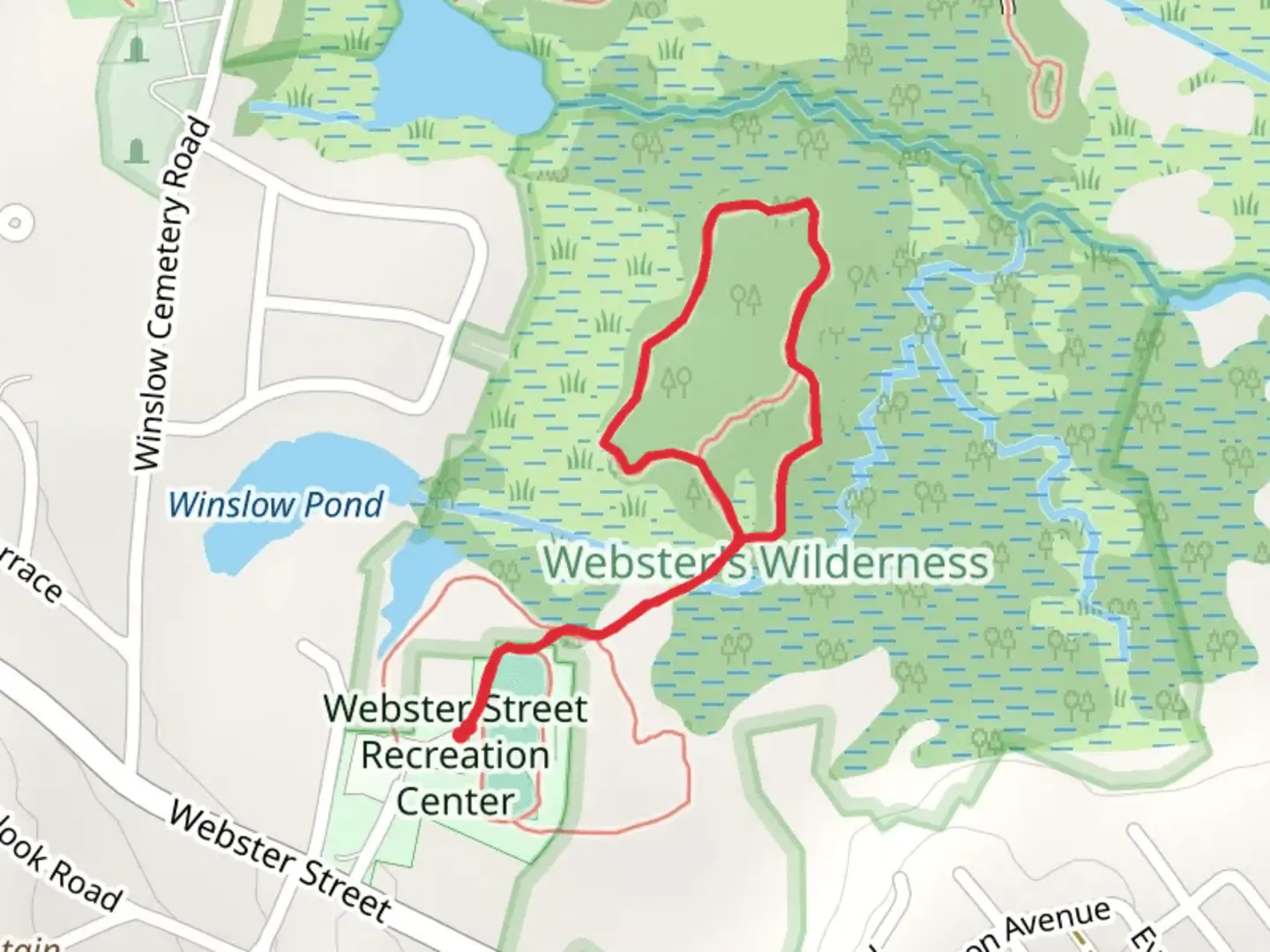 An image depicting the trail Wharf Creek - Webster Street Recreation Center and its surrounding area.