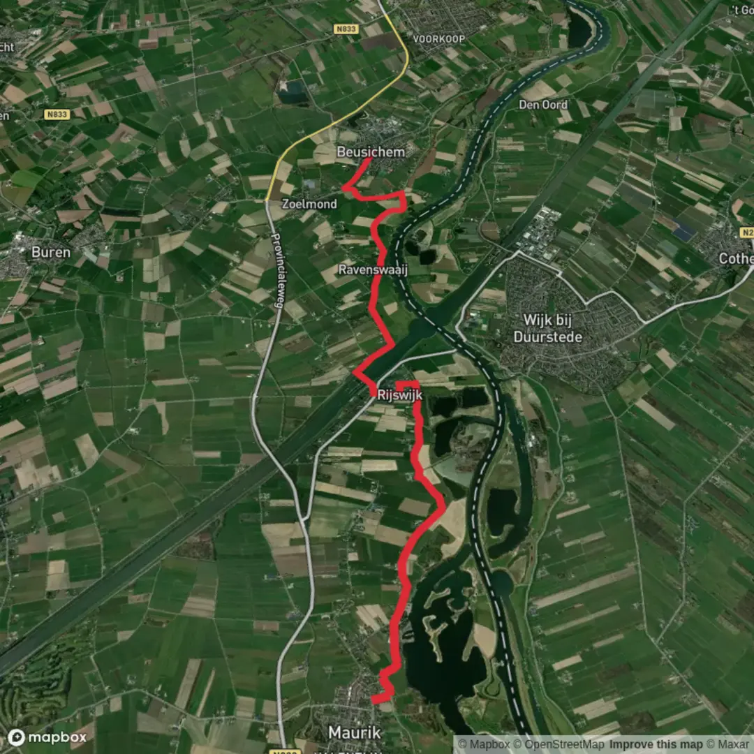 An image depicting the trail Maurik to Beusichem via Betuwepad and its surrounding area.