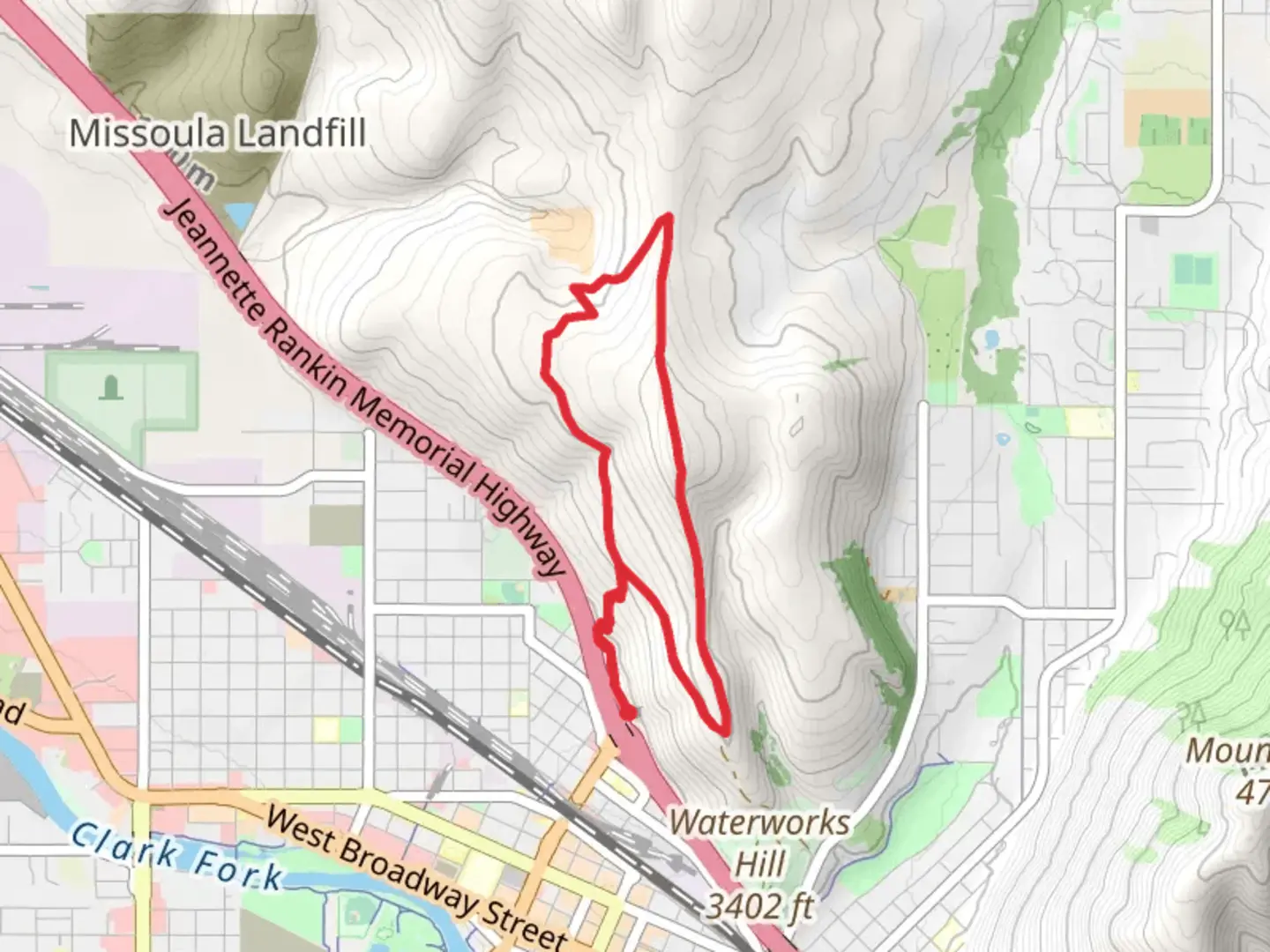 An image depicting the trail Missoula Waterworks Loop and its surrounding area.