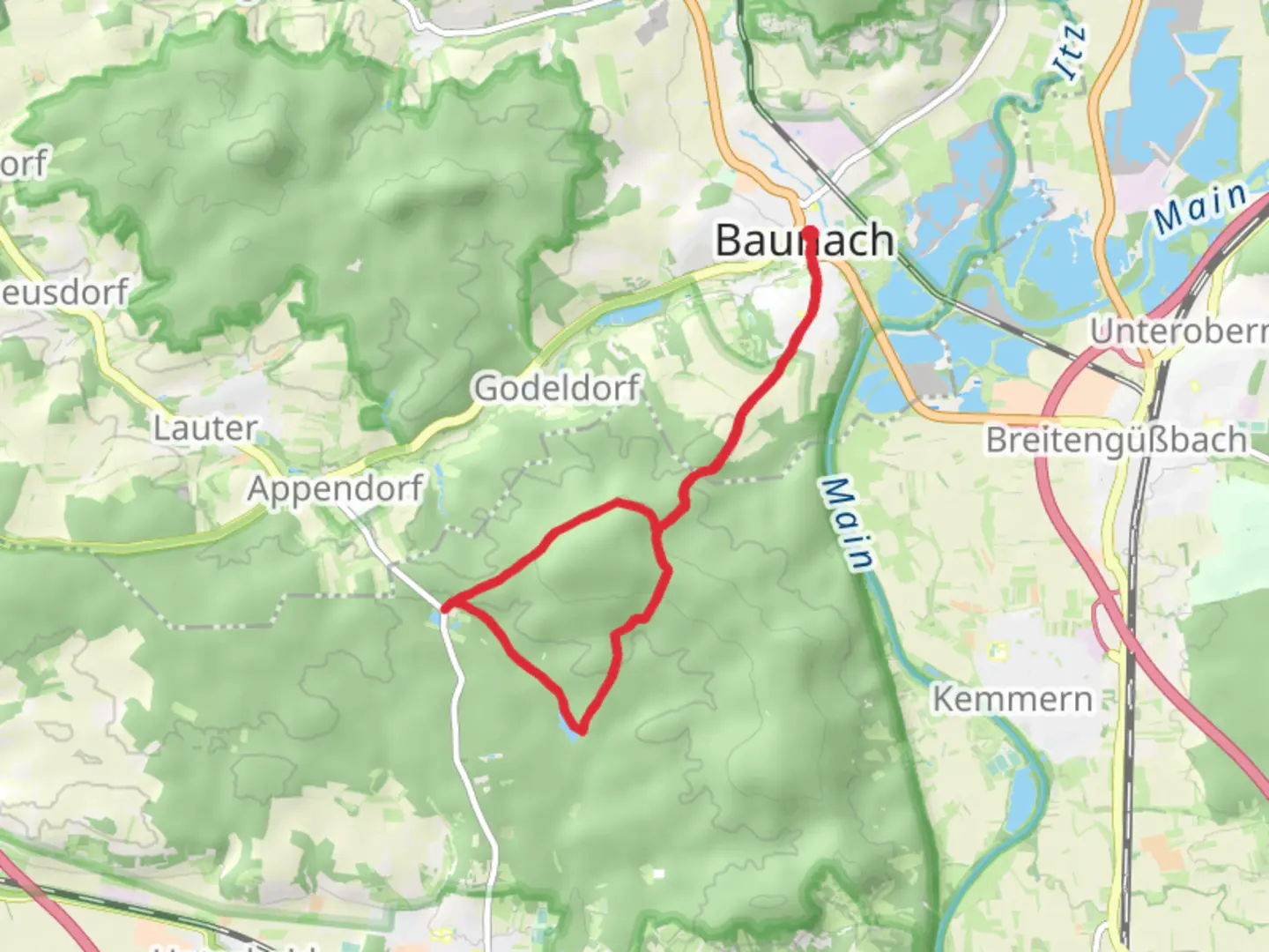 An image depicting the trail Hausee via Baunach Sembergrunde and Mainweg Teil and its surrounding area.