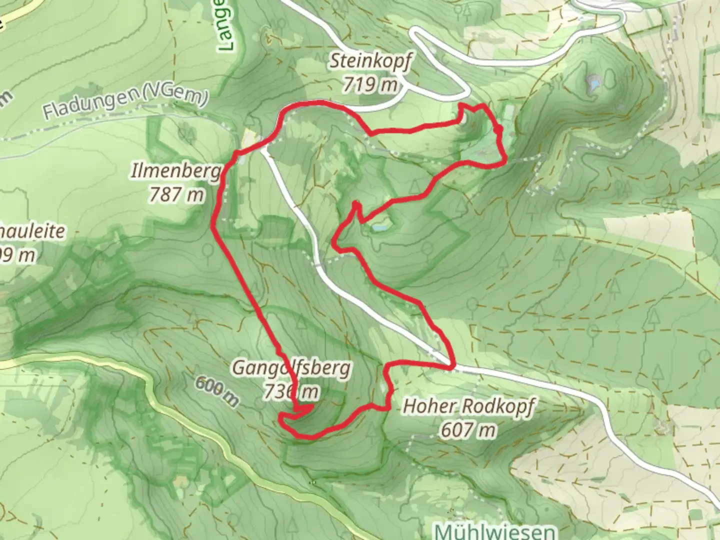 An image depicting the trail Gangolfsberg via Buchoniarundweg and Rhoen Rundweg and its surrounding area.