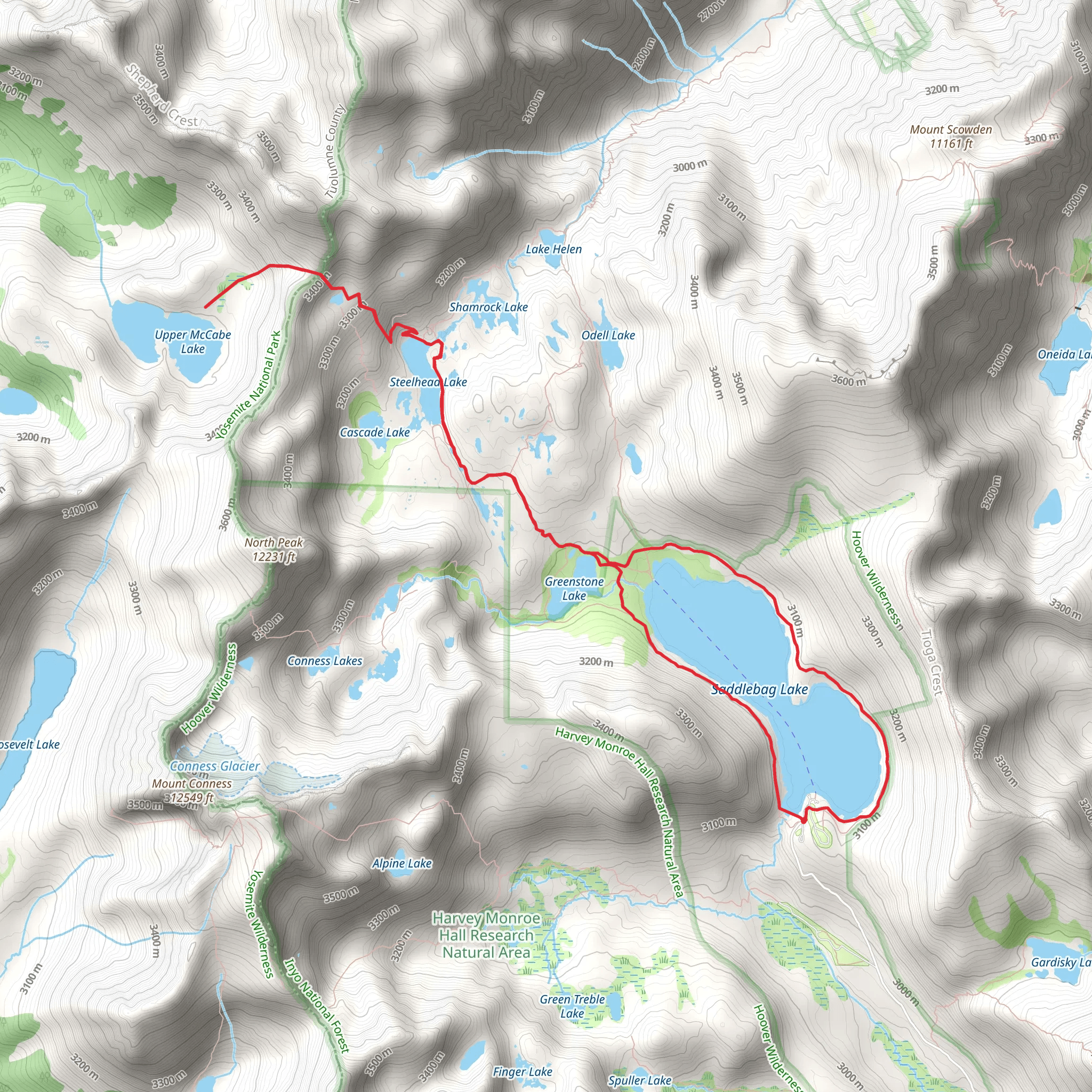 Upper McCabe Lake, McCabe Pass, Excelsior Lake and Saddlebag Lake Loop Trail mobile static map
