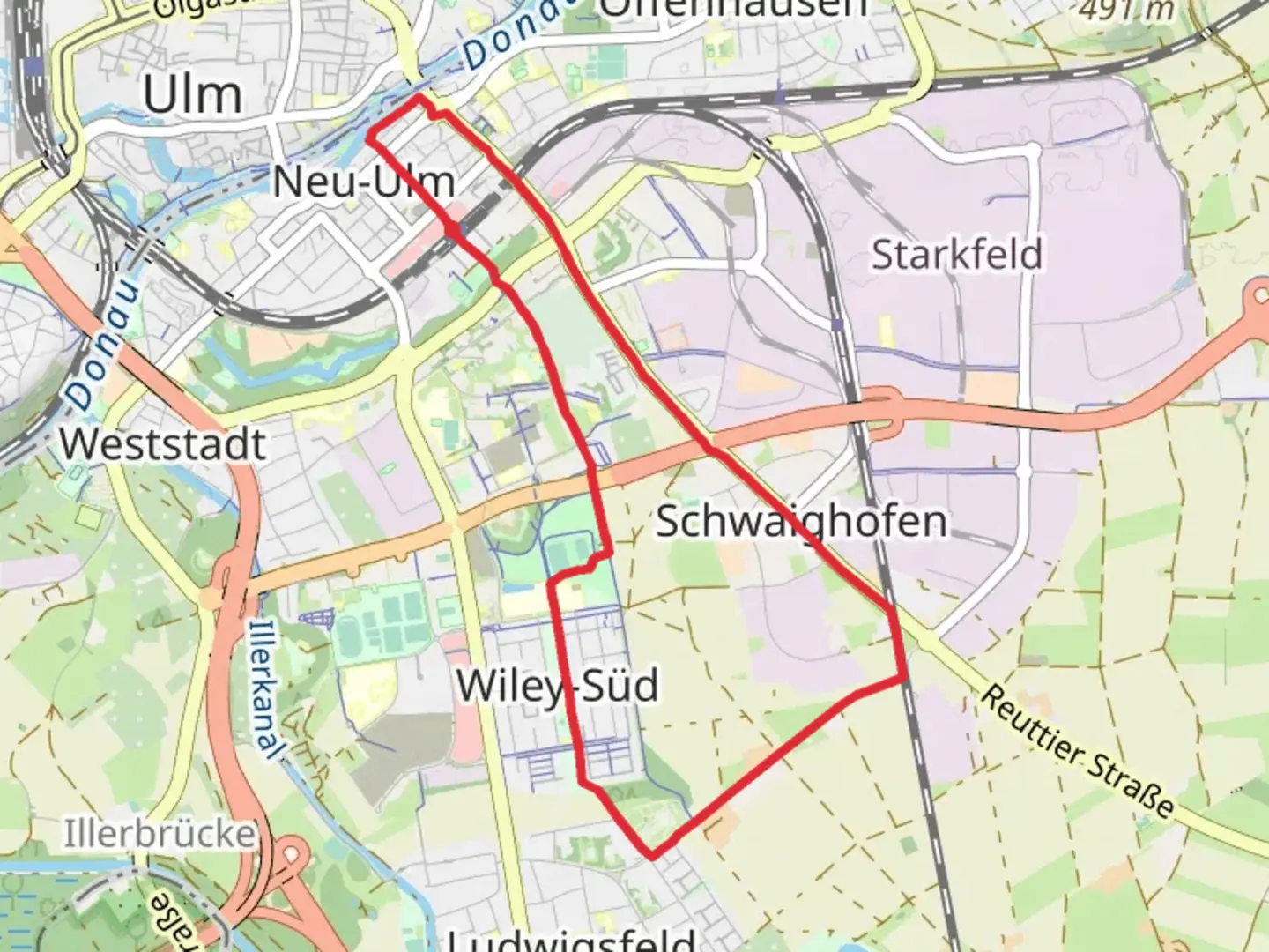 An image depicting the trail Neu Ulm Loop and its surrounding area.