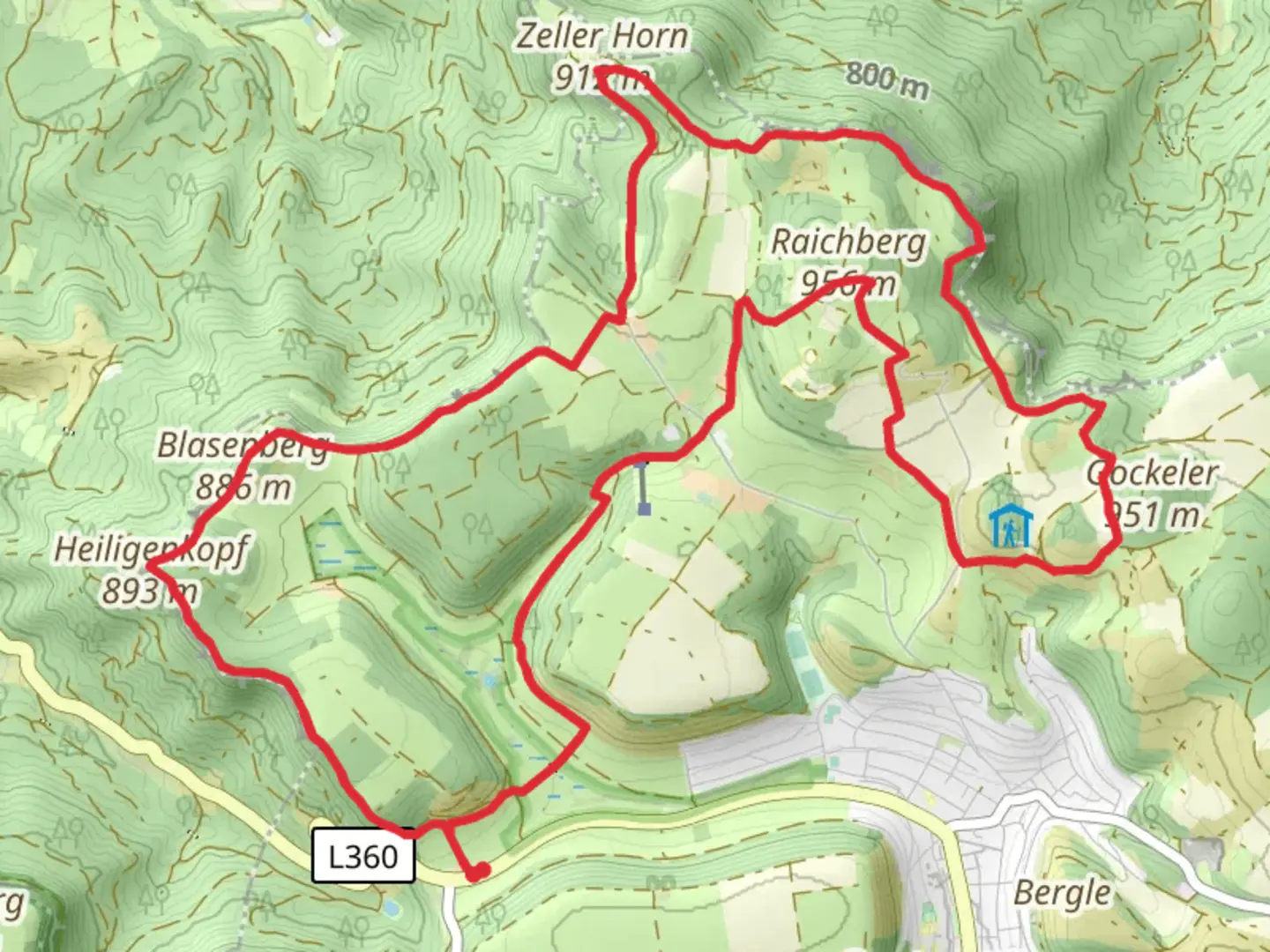 An image depicting the trail Heiligenkopf, Zeller Horn and Hangender STein Loop - Zollersteighof and its surrounding area.