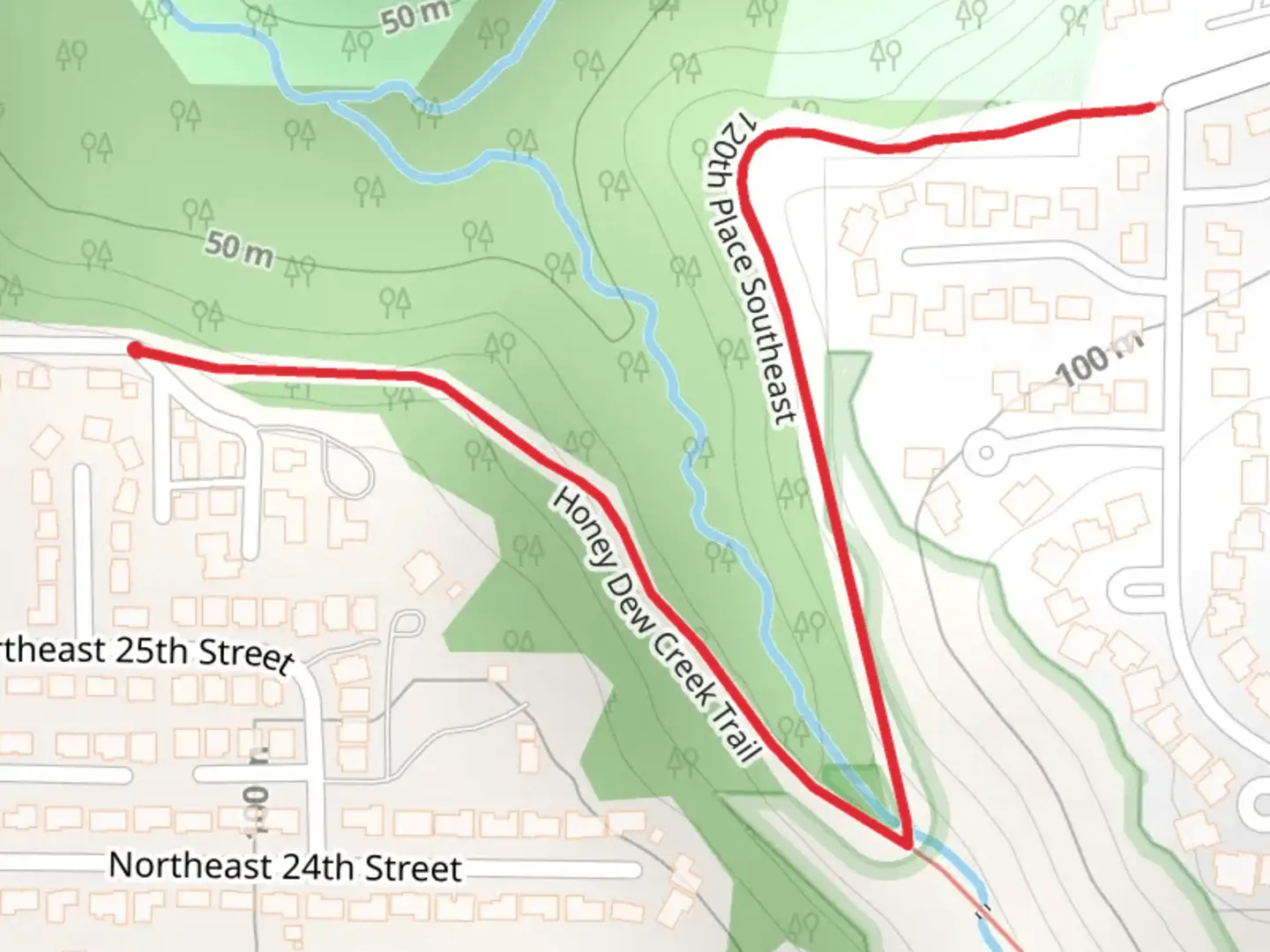 An image depicting the trail Honey Dew Creek Trail and 120th Place Southeast and its surrounding area.