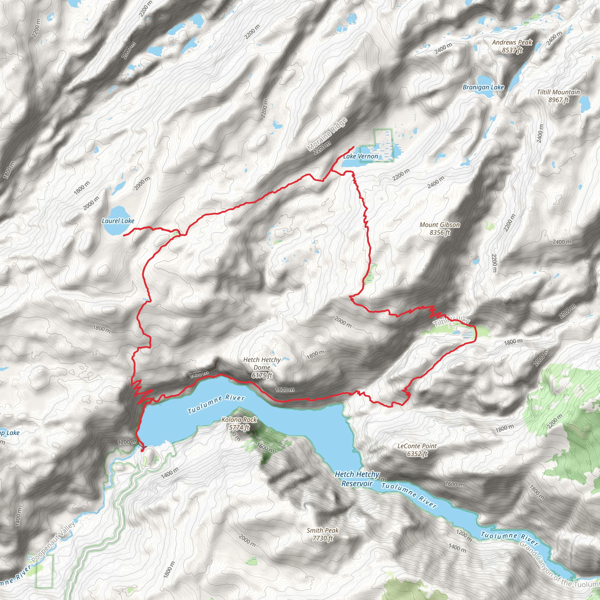 Hetch Hetchy Reservoir, Lake Vernon and Laurel Lake Loop mobile static map