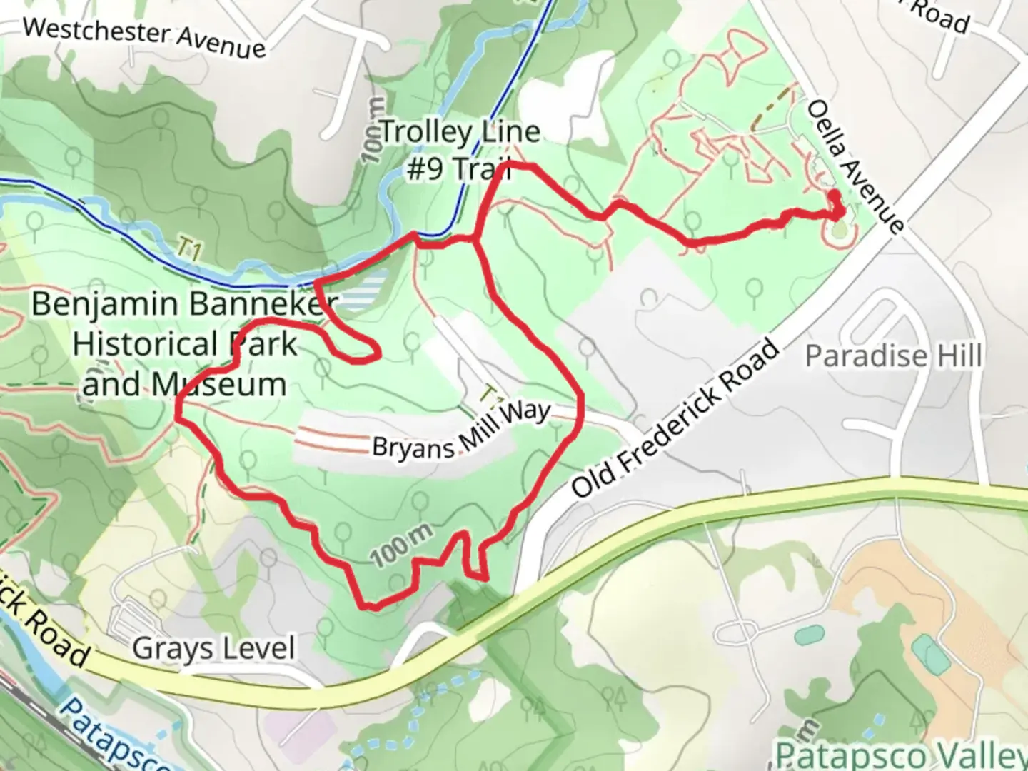 An image depicting the trail Bed and Banneker Park Loop Trail and its surrounding area.