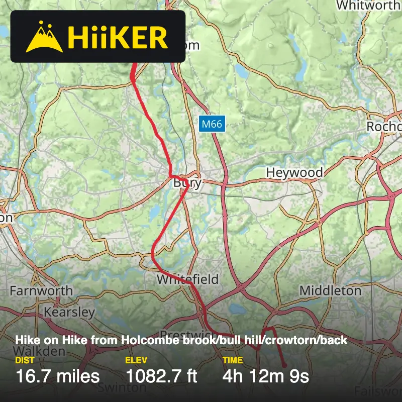 A map preview of the recording Hike on Hike from Holcombe brook/bull hill/crowtorn/back.