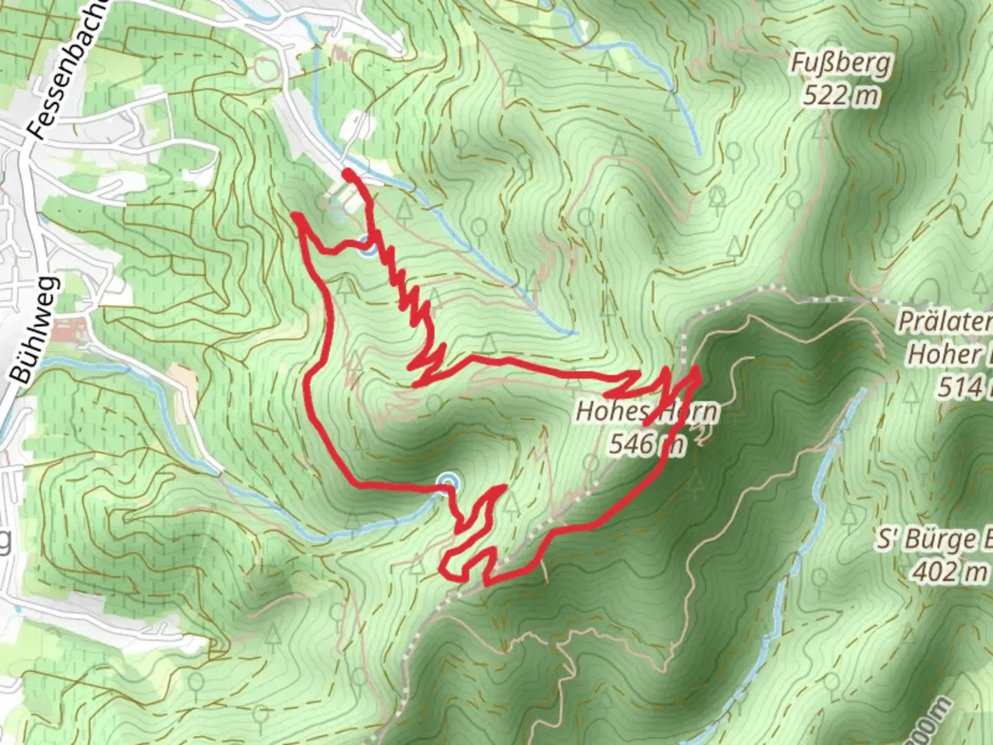 An image depicting the trail Hohes Horn Turm Loop via Locheneich Schuckshof Brunnen and its surrounding area.
